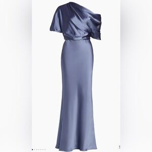 Amsale satin one shoulder blue floor length gown